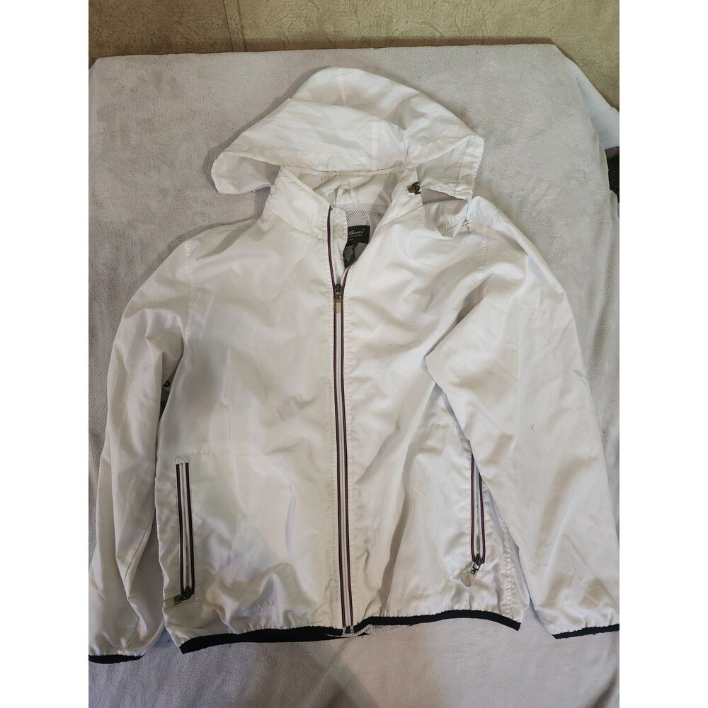 white full-zip Eddie Bauer windbreaker jacket featuring a breathable mesh...